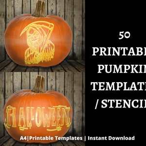 Peut inclure: Deux citrouilles oranges avec des motifs sculptés, l'une représentant une faucheuse et l'autre épelant "HALLOWEEN". L'image comprend le texte "50 PRINTABLE PUMPKIN TEMPLATES / STENCIL" et "A4 | Printable Templates | Instant Download".