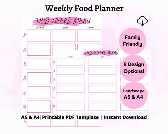 Pink Weekly Meal Plan Printable, Girly Week Menu Planner, Weekly Food  Planner Template, Family Meal Planning, PDF, DIGITAL DOWNLOAD 