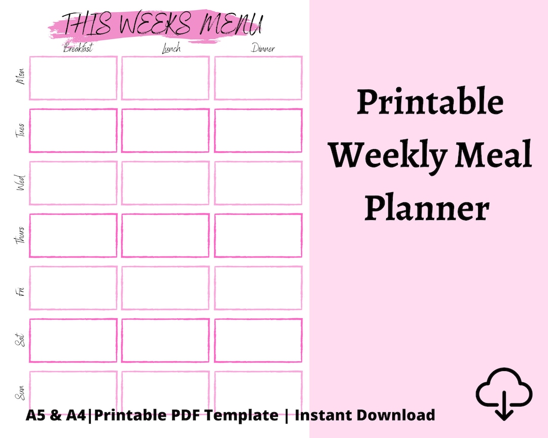 Printable Weekly Meal Planner Template, Instant Download, PDF Pink Weekly Menu Planner, Dinner Planner A4, A5 - Etsy