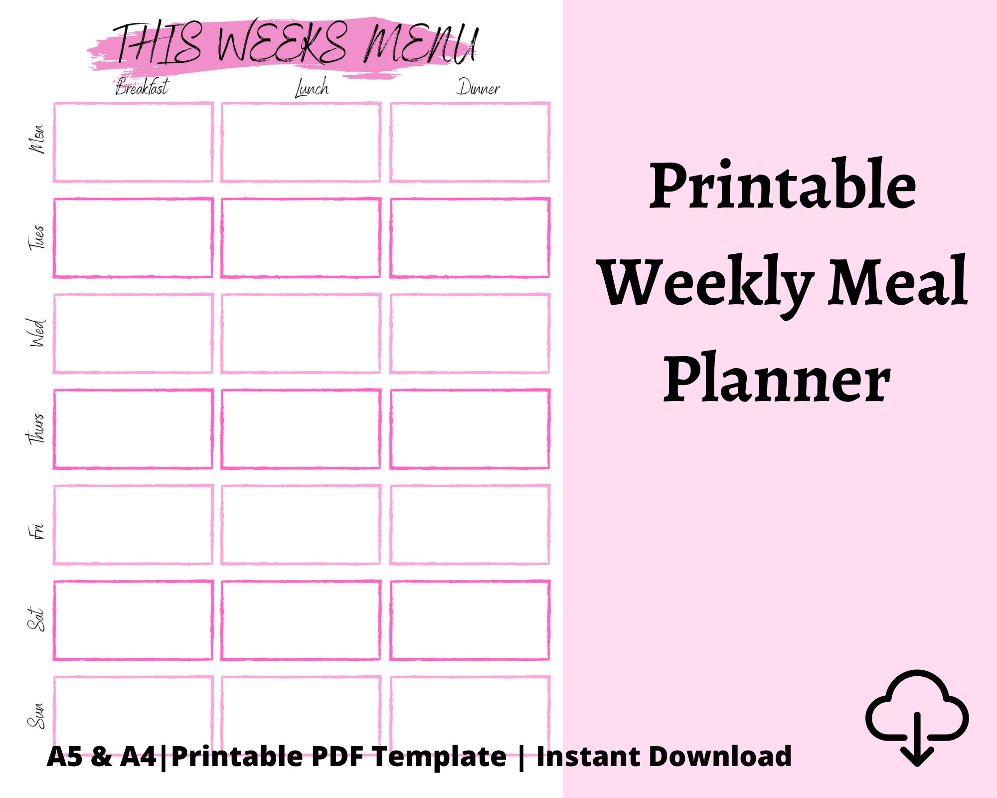 Pink Weekly Meal Plan Printable, Girly Week Menu Planner, Weekly Food  Planner Template, Family Meal Planning, PDF, DIGITAL DOWNLOAD 