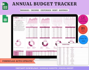 Hoja de cálculo de presupuesto anual, Planificador de presupuesto mensual, Seguimiento de presupuesto en Hojas de cálculo de Google Excel, Seguimiento de facturas, deudas y ahorros, Planificador de presupuesto para parejas