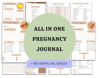 Może przedstawiać: Drukowany dziennik ciąży z zielonym kołem nałożonym na niego, na którym widnieje napis "ALL IN ONE PREGNANCY JOURNAL" oraz bezpłatna lista kontrolna do torby szpitalnej. Dziennik zawiera sekcje z cotygodniowym odliczaniem, listą rzeczy do spakowania do torby szpitalnej oraz cotygodniowymi aktualizacjami ciąży.