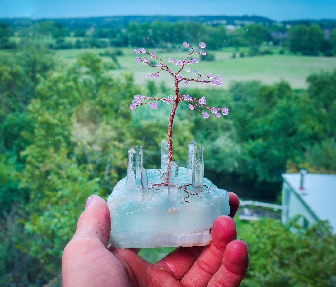 Pink Opal and Caribbean Calcite Crystal Tree With Quartz Stone Circle ...