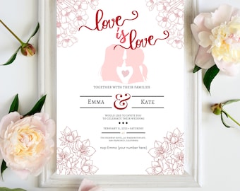 Personlised PRINTED | Lesbian wedding invitations | Wedding invitation with two brides | Same gender wedding invites | Civil ceremony