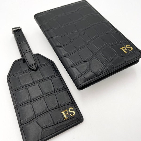 His + Hers Personalised Passport Holder & Luggage Tag Croc Leather Wedding Gift Honeymoon Travel Set Wallet Bride Groom