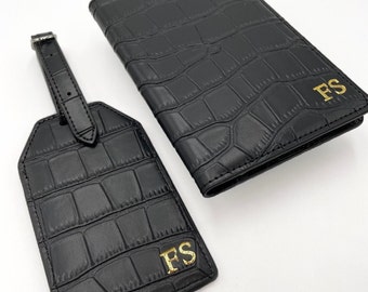 His + Hers Personalised Passport Holder & Luggage Tag Croc Leather Wedding Gift Honeymoon Travel Set Wallet Bride Groom