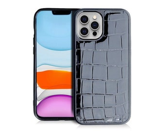 Black Croc Genuine Leather iPhone Case for iPhone 12 - 12 Pro - 12 Pro Max - 12 Mini - 13 - 13 Pro - 13 Pro Max -13 Mini