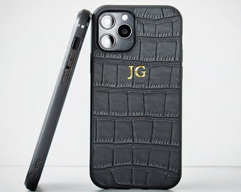 Black Croc Leather Personalised iPhone Case for iPhone 14 Pro Max - 14 Pro - 13 Pro Max - 13 Pro - 13 -12 - 12 Mini -12 Pro Max custom