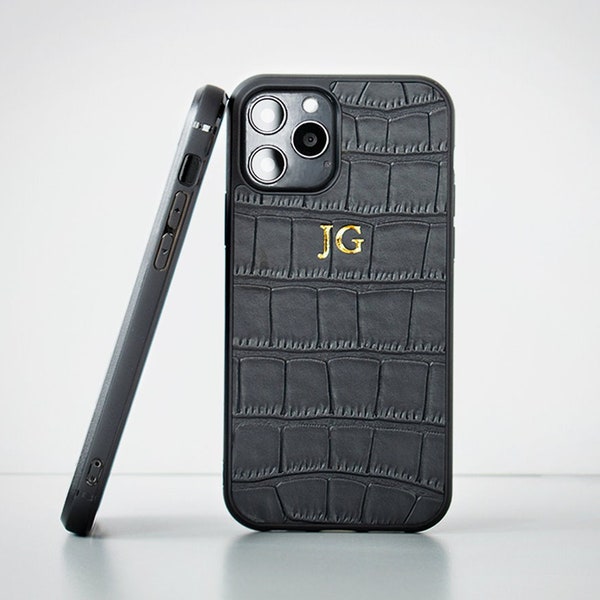 Black Croc Leather Personalised iPhone Case - iPhone 15 Case - iPhone 15 Plus Case- iPhone 15 Pro Max Cases -iPhone 15 Pro Phone Case Custom