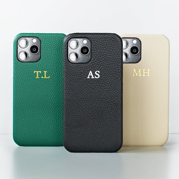 Coque personnalisée en cuir véritable galet pour iPhone 13 Pro 13 Pro Max 13 Mini - 12 Pro Noir Beige vert rouge beige Initiale personnalisée