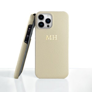 Personalised Beige Pebble Genuine Leather iPhone case 13 Pro 13 Pro Max 13 Mini  Monogram Initials Embossed Custom