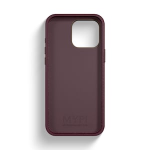 May include: A burgundy phone case with a textured finish and the text "MYPI MY PERSONALISED ITEM" embossed on the back.