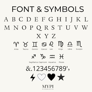 May include: Black and white graphic with the text "FONT & SYMBOLS" and a variety of letters, numbers, and symbols, including the zodiac signs. The text "MYPI" is at the bottom of the graphic.