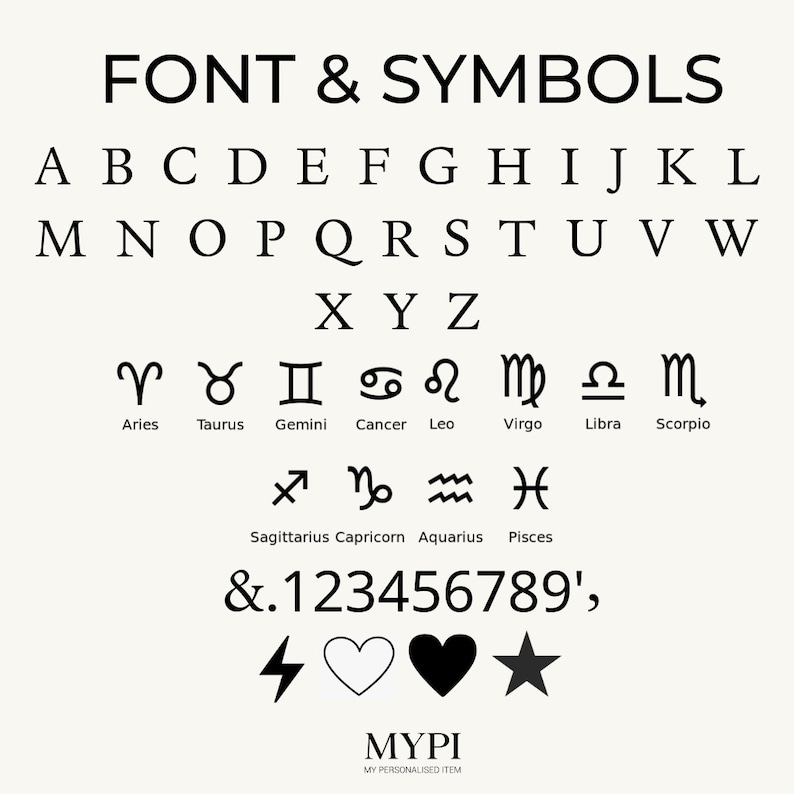 May include: Black and white graphic with the text "FONT & SYMBOLS" and a variety of letters, numbers, and symbols, including the zodiac signs. The text "MYPI" is at the bottom of the graphic.