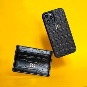 Coffret cadeau personnalisé en cuir Black Croc, étui pour iPhone et porte-cartes pour iPhone 14 Pro, 14, 13, 12, 12 cadeaux de Noël personnalisés