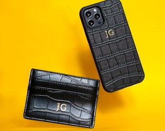 Black Croc Personalised Leather Gift Set iPhone Case and Card Holder for iPhone 14 Pro, 14, 13, 12, 12 personalised christmas gifts custom