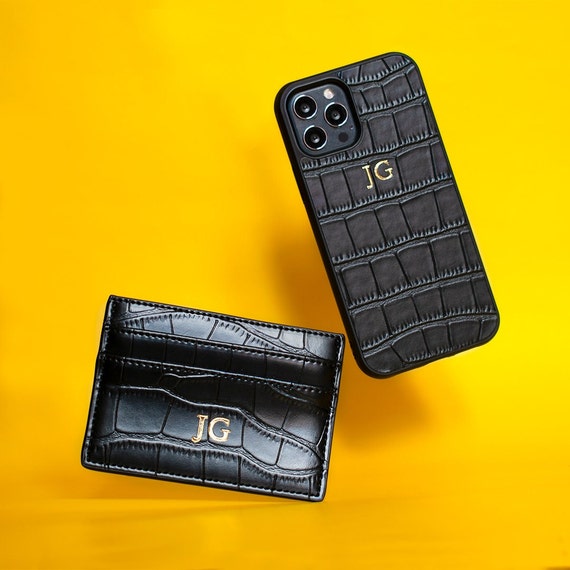 Black Croc Personalised Leather Gift Set iPhone Case and Card