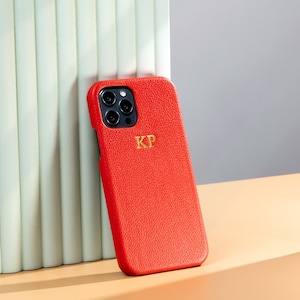 Personalized Leather Case iPhone 13 Pro Max, iPhone 13 Case Custom, Initials Phone Case, Monogram Vegan Pebble Leather, 13 mini, 13 Pro Red