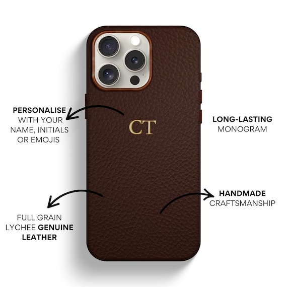 Personalised Genuine Leather Phone Case, iPhone 16 Pro Max, 16 Pro, 16, 15 Pro Max, 15 Pro, 15 Case, Custom Monogram iPhone Case, Initials