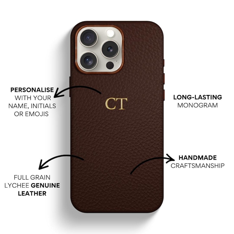 May include: A brown leather phone case with a gold monogram "CT" on the back. The case is made of full grain lychee genuine leather and has a long-lasting monogram. It is handmade with craftsmanship.