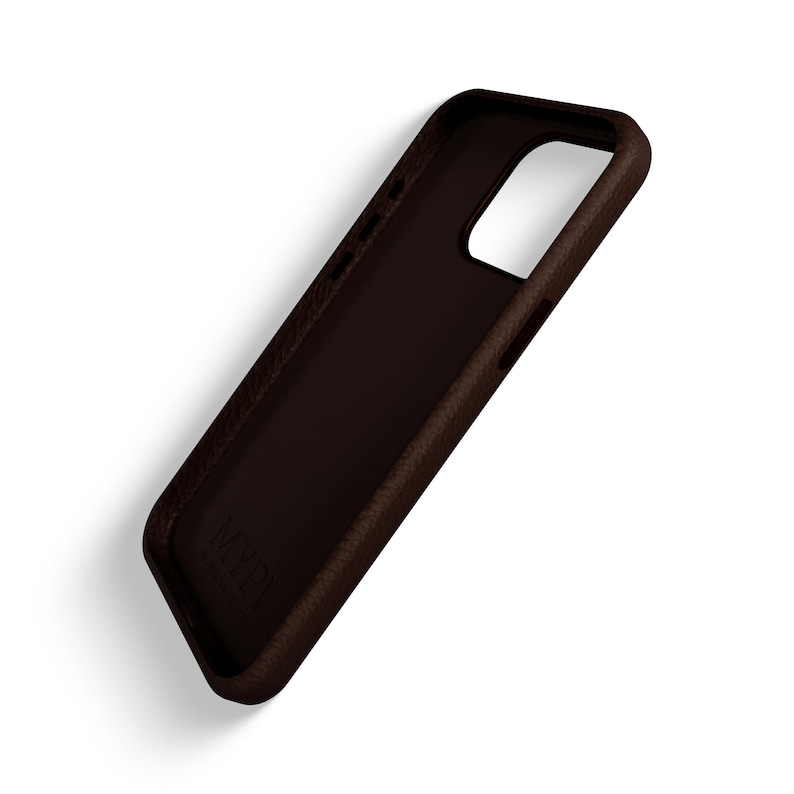 May include: A brown leather phone case with a raised textured surface. The case has a cutout for the camera lens and a small logo on the back.