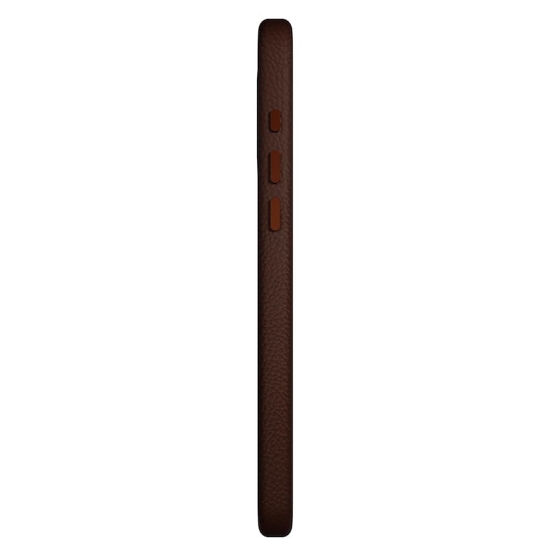 May include: A brown leather phone case with a textured finish.