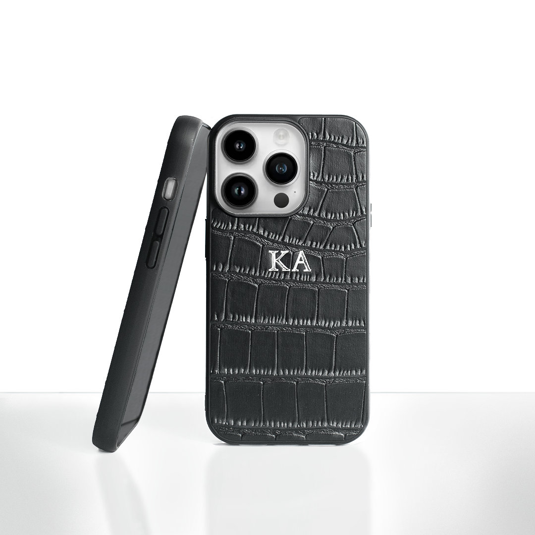 Black Croc Leather Personalised iPhone Case - iPhone 14 Case