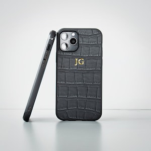 Black Croc Leather Personalised iPhone Case for iPhone 13 Pro Max - 13 Pro - 13 - 13 mini Initial Custom Embossed Monogram