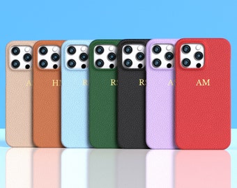 Personalized Phone Case Genuine Leather - iPhone 14 13 12 11 X XS 8 7 6 Pro Max Custom Monogram Black Beige Blue Green Tan Lilac Red