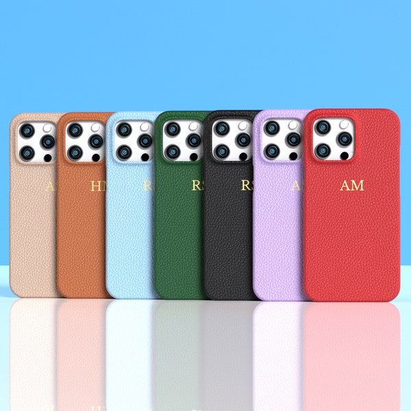Personalised Phone Case Genuine Leather - iPhone 14 13 12 11 X XS 8 7 6 Pro Max Custom Monogram Black Beige Blue Green Tan Lilac Red