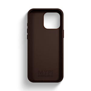 May include: A brown leather phone case with the text "MYPI MY PERSONALIZED ITEM" embossed on the back.