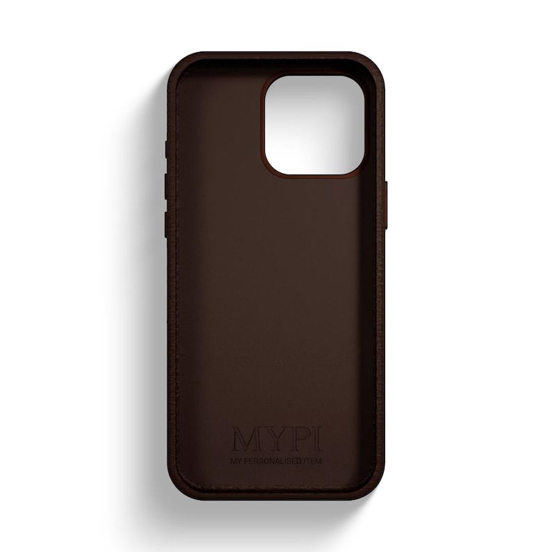May include: A brown leather phone case with the text "MYPI MY PERSONALIZED ITEM" embossed on the back.