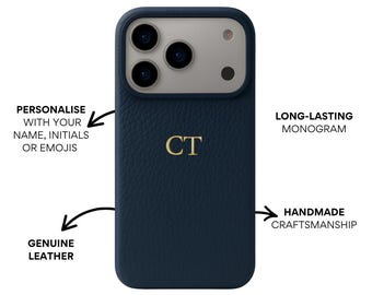 Personalised Genuine Leather Phone Case Navy Blue, iPhone 17 Pro Max & 17 Pro, Custom Monogram Initials Cover, Gift for Him