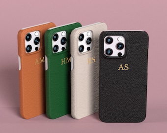 Funda personalizada de piel auténtica Pebble para iPhone 13 Pro, 13 Pro Max, 13 Mini, 12 Pro, 12 Pro Max y 11, monograma negro, beige, verde y rojo