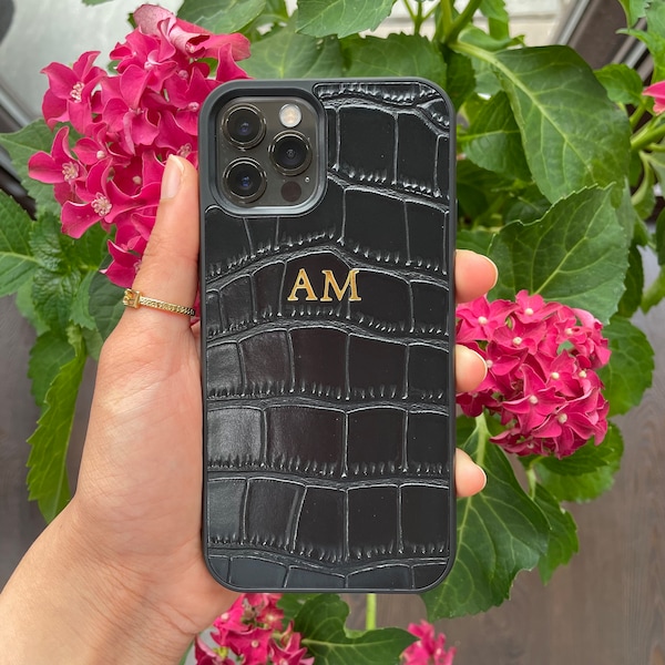Black Croc Leather Personalised iPhone Case for iPhone 11 Pro Max - 11 Pro - 11 Initial Custom Embossed Monogram