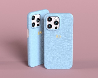 Personalised Pebble Genuine Leather iPhone Case 14 14 Pro - 13 Pro 13 Pro Max 13 Mini - 12 Pro 12 Pro Max - 11 11 Pro Max Baby Blue