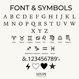 May include: Black and white graphic with the text "FONT & SYMBOLS" and a set of uppercase letters, lowercase letters, numbers, symbols, and zodiac signs. The text "MYPI" is at the bottom of the graphic.