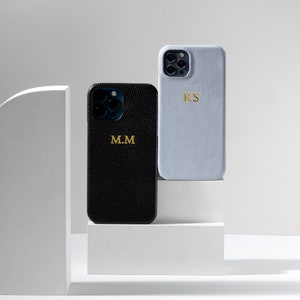 Personalized Leather Case iPhone 13 Pro Max, iPhone 13 Case Custom, Initials Phone Case, Monogram Vegan Pebble Leather, 13 mini, 13 Pro Black
