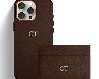 Personalised Genuine Leather Gift Set iPhone Case and Card Holder – iPhone 16 Pro Max, 16 Pro, 16, 15 Pro Max, 15 Pro, 15 Case Custom Gifts