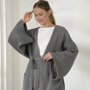 Long 100% Cotton Muslin Bathrobe, Kimono Muslin Bathrobe, Soft Bathrobe , Luxury Bathrobe , Premium , Organic , Breathable , Turkish Textile Gray