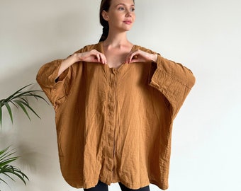 Crinkle Cotton Muslin Shirt | Special Design | Long-Sleeve | Weightless | Breathable | Oversize Casual Blouses | Organic Fabric | Yoga Shirt