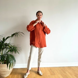 Crinkle Cotton Muslin Shirt for Women | Button Top | Long-Sleeve | Weightless | Breathable | Oversize Casual Blouses | Organic Fabric | Yoga