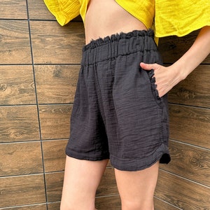 Crinkle Muslin Shorts | 100% Cotton | Organic Fabric | Soft | Breathable | Black | Short | Summer Style | Boho | No need ironing | Casual