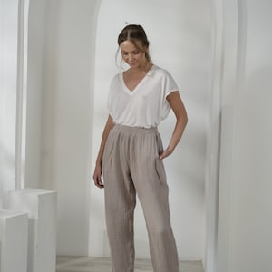 Mink Organic Muslin Natural One Size Carrot Trousers, Elastic Waist,Cotton Gauze Pants Women