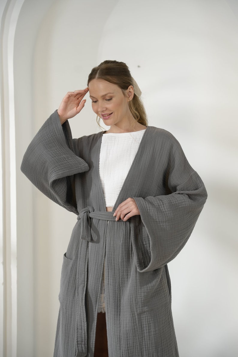 Long 100% Cotton Muslin Bathrobe, Kimono Muslin Bathrobe, Soft Bathrobe , Luxury Bathrobe , Premium , Organic , Breathable , Turkish Textile Gray