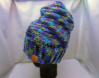 Slouchy Ponytail Messy Bun Marled Blue, Green, Purple, Black Crochet Beanie