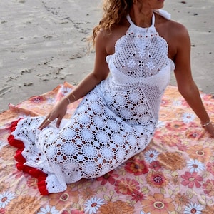 Häkeln Maxi Kleid Braut, Neckholder Kleid, Boho Strand Kleid, Stil der 70er Jahre, Rückenfreies Kleid, Festival Outfit, Brautkleid