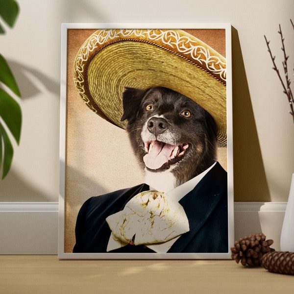 Mariachi Pet Portrait, Sombrero Dog Canvas, Funny Dog Portrait Gift Idea, Funny Pet Portrait, Dog Love Gift Idea, Funny Gift For Dog Owner