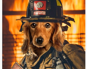 Firefighter Pet Portrait, Firefighter Gift Ideas, Fire Fighter Dog Portrait, Dog Portrait Fire Fighter, Fire Fighter Gift For Him or Her