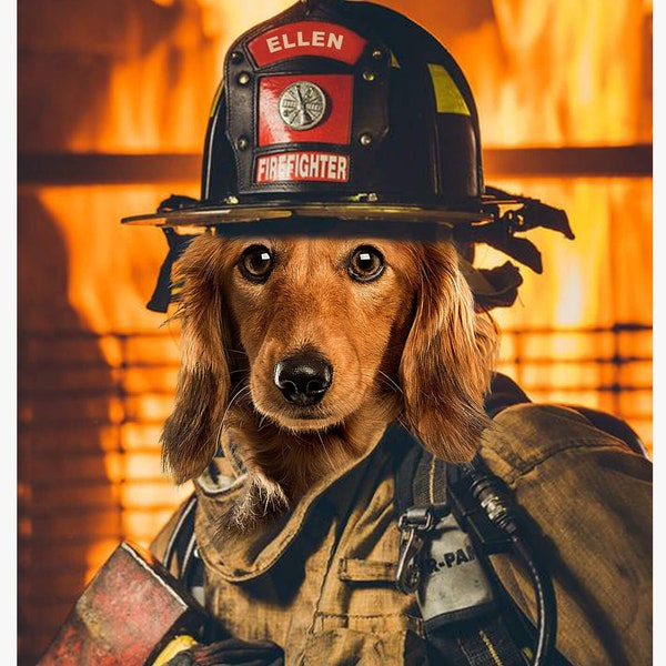 Firefighter Pet Portrait, Firefighter Gift Ideas, Fire Fighter Dog Portrait, Dog Portrait Fire Fighter, Fire Fighter Gift For Him or Her